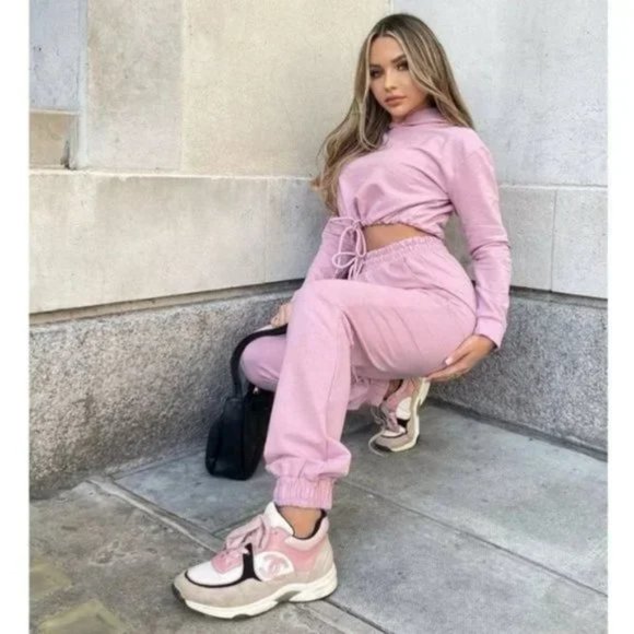Pink Long Sleeve Hooded Crop Top and High Waist Joggers Pants Two Piece Set - Picture 13 of 17